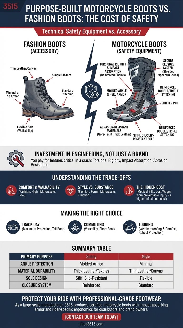 لماذا تكلف أحذية الدراجات النارية المصممة خصيصًا أكثر من أحذية الموضة؟ استثمر في ميزات السلامة الحرجة دليل مرئي