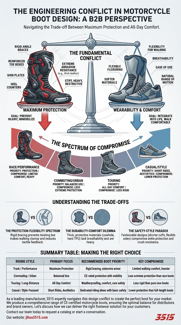 Qual conflito de design existe na engenharia de botas de motocicleta? O Inevitável Trade-off entre Segurança e Conforto Guia Visual