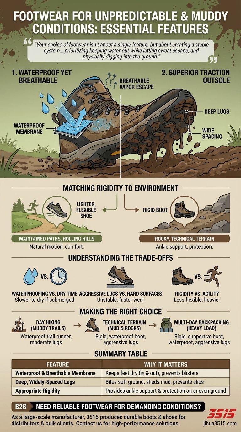 Quelles caractéristiques de chaussures sont importantes pour des conditions imprévisibles ou boueuses ? Assurez la traction et la sécheresse Guide Visuel