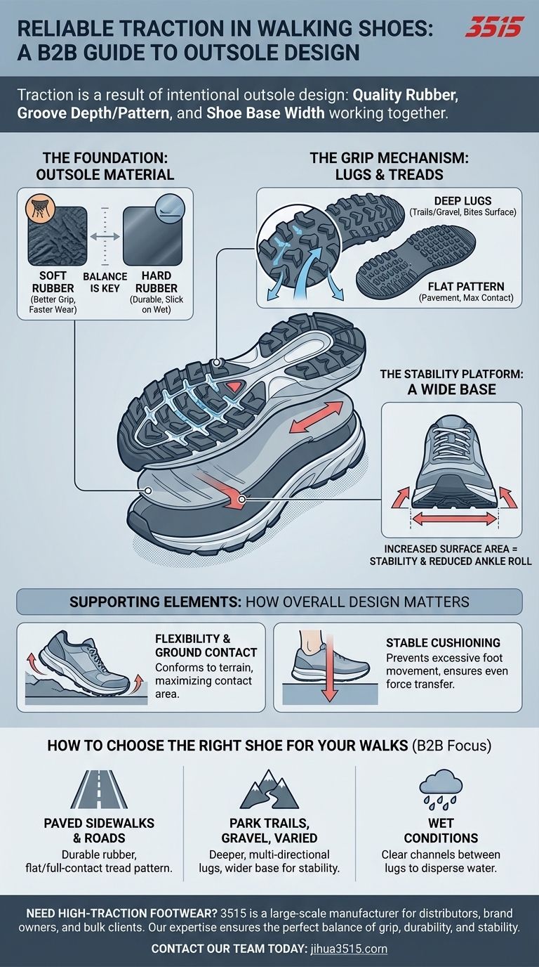 ウォーキングシューズで確実なトラクションを確保する機能とは？安定性を高めるアウトソールデザインガイド ビジュアルガイド