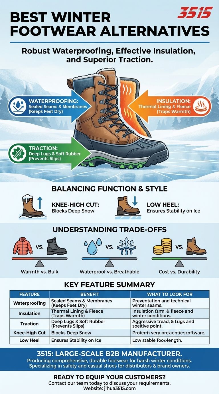 Quais alternativas são sugeridas para clima com neve e frio? Descubra os 3 recursos essenciais das botas de inverno Guia Visual