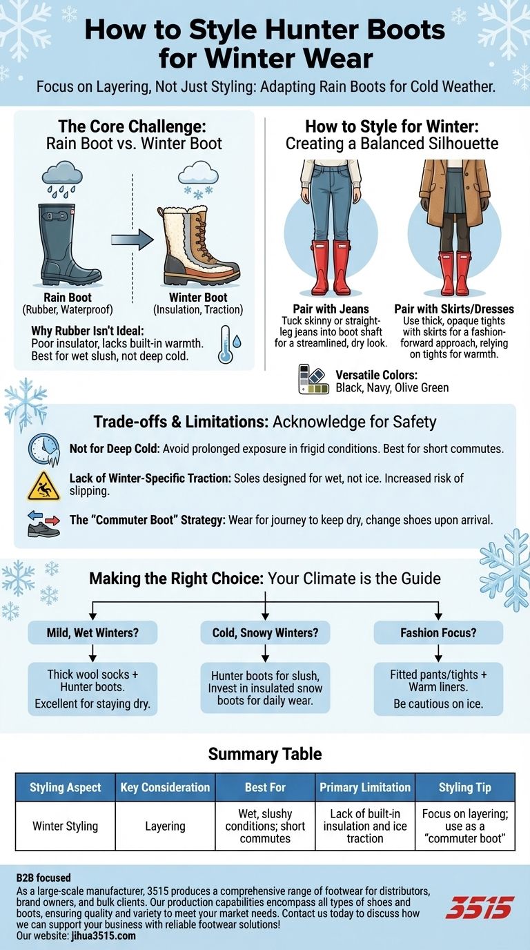 ¿Cómo se pueden combinar las botas Hunter para usarlas en invierno? Aprovecha la impermeabilidad para condiciones húmedas y fangosas. Guía Visual