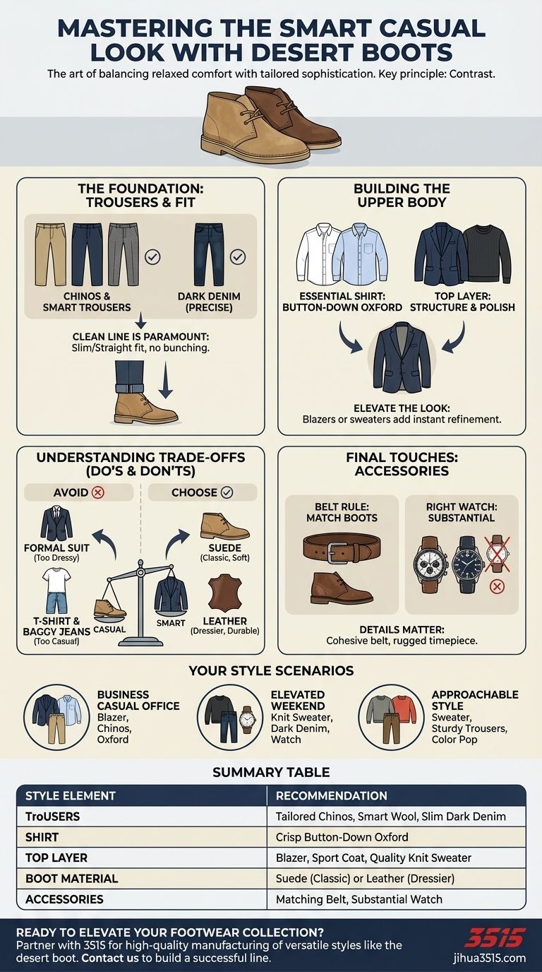 Como as botas desert podem ser combinadas para um look smart casual? Domine o Equilíbrio entre Relaxado e Refinado Guia Visual