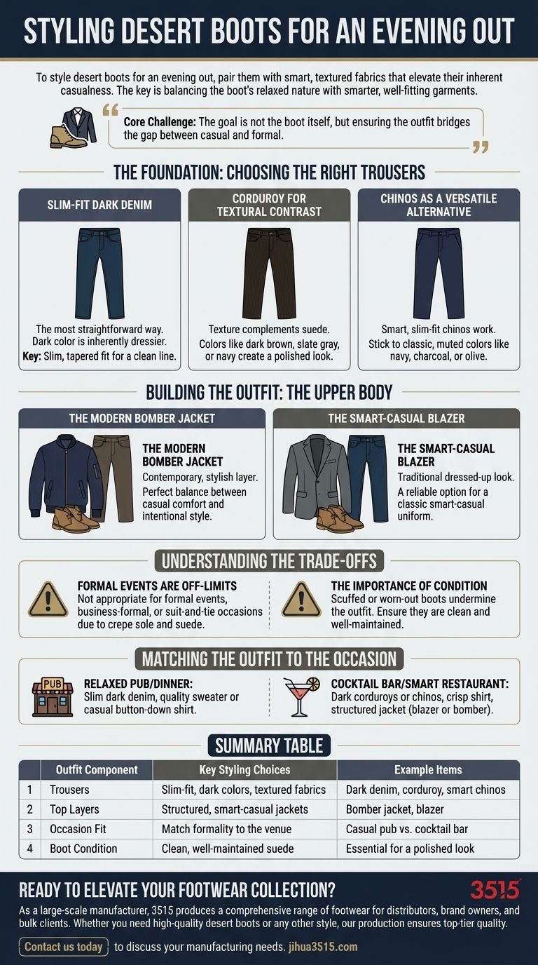 Come abbinare gli stivali desert per un'uscita serale? Eleva il tuo look smart-casual Guida Visiva