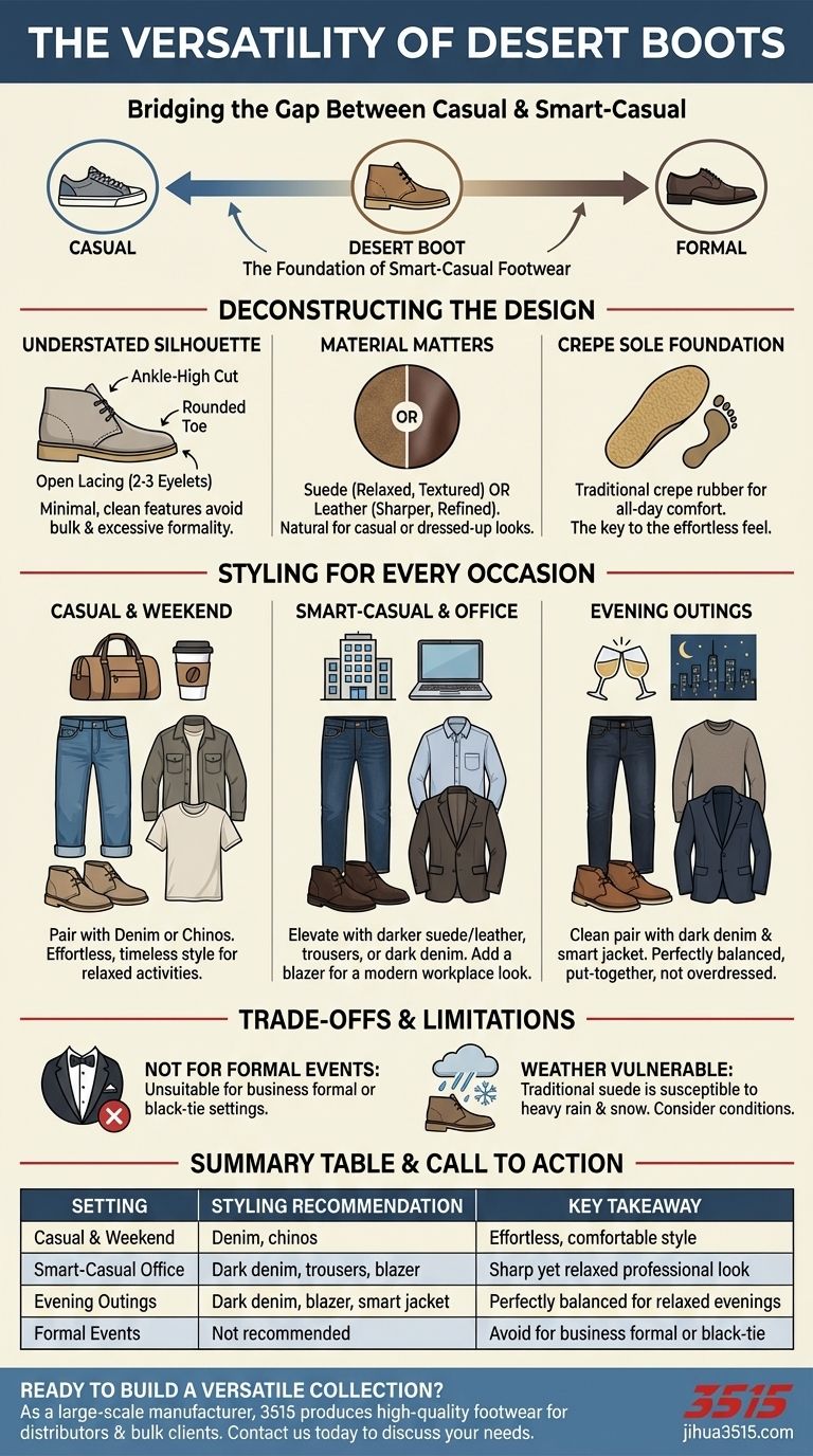 다양한 환경에서 사막 부츠의 활용도는? 스마트 캐주얼 스타일을 위한 궁극의 가이드 시각적 가이드