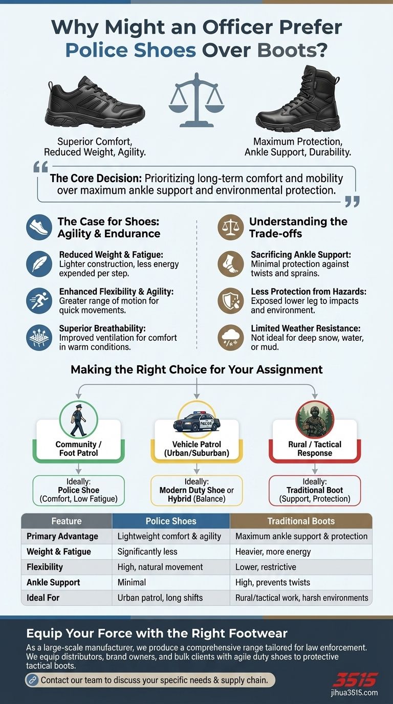 Pourquoi un agent pourrait-il préférer des chaussures de police aux bottes ? Pour un confort et une agilité supérieurs en service Guide Visuel