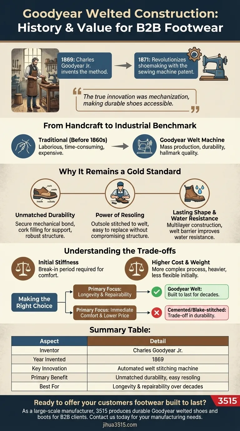 Qui a inventé la méthode de construction Goodyear Welt et quand ? Découvrez l'innovation de 1869 Guide Visuel