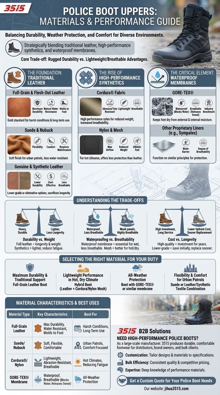 警察官用ブーツのアッパー部分には、どのような素材が一般的に使用されていますか？耐久性とパフォーマンスに関するガイド ビジュアルガイド