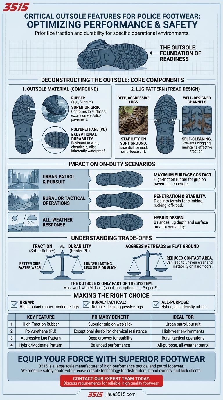 警察官は、警察用履物の靴底にどのような特徴を求めるべきか？ 牽引力と安全性を最大化する ビジュアルガイド