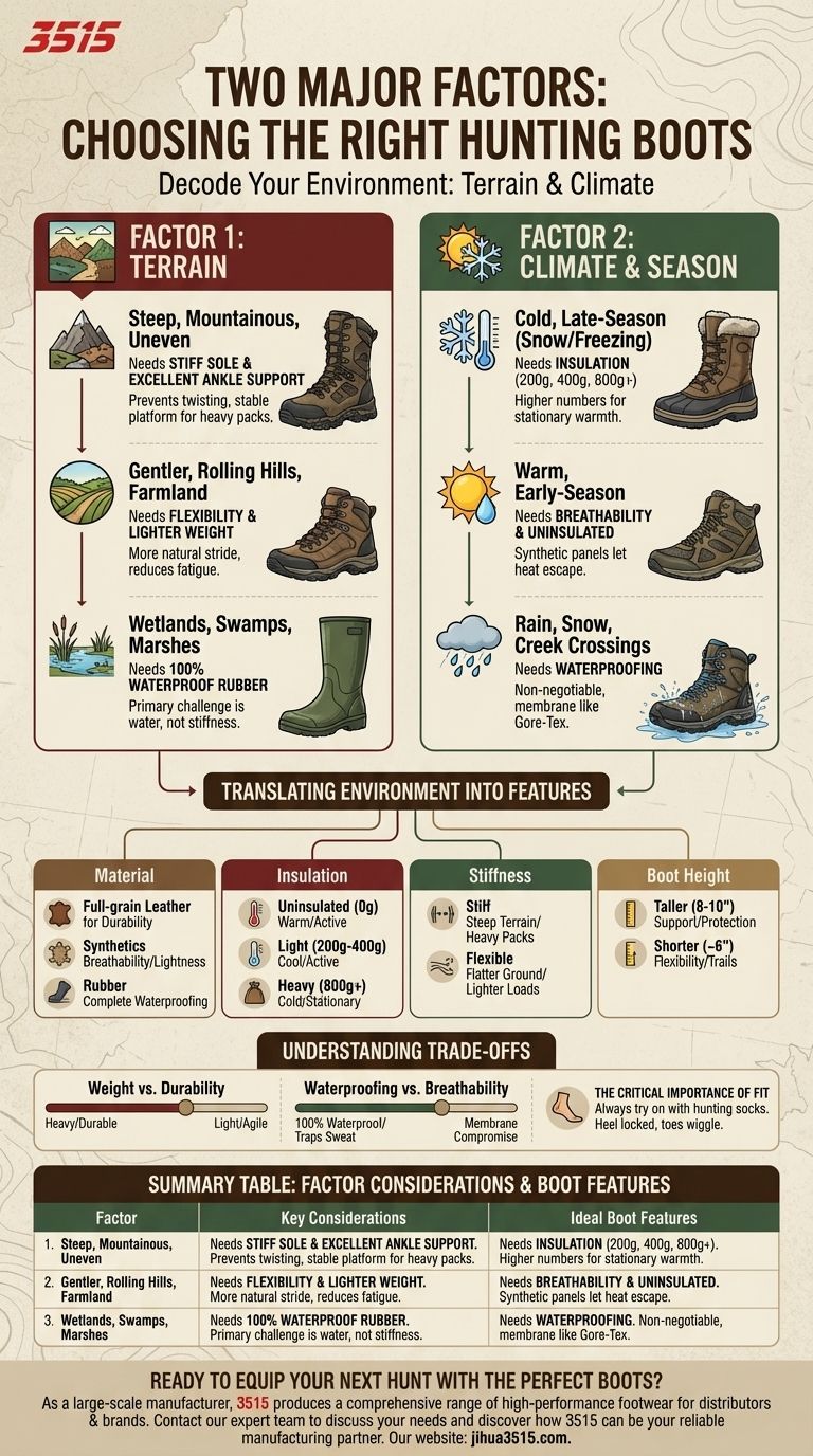 Каковы два основных фактора, которые следует учитывать при выборе охотничьих ботинок? Освойте свою местность и климат Визуальное руководство