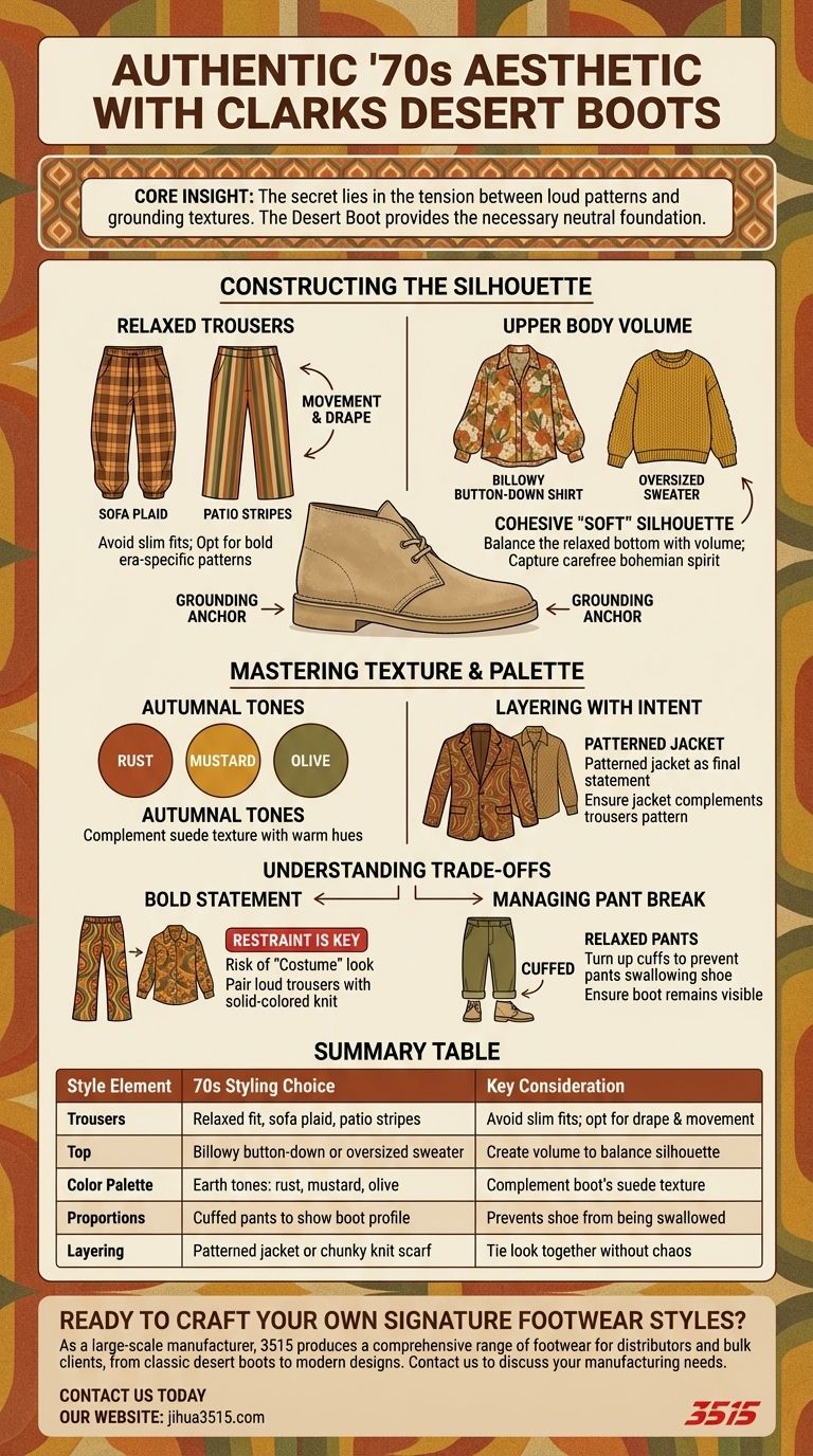 Como combinar as Clarks Desert Boot para um look inspirado nos anos 70? Domine a estética vintage com calçado terroso Guia Visual