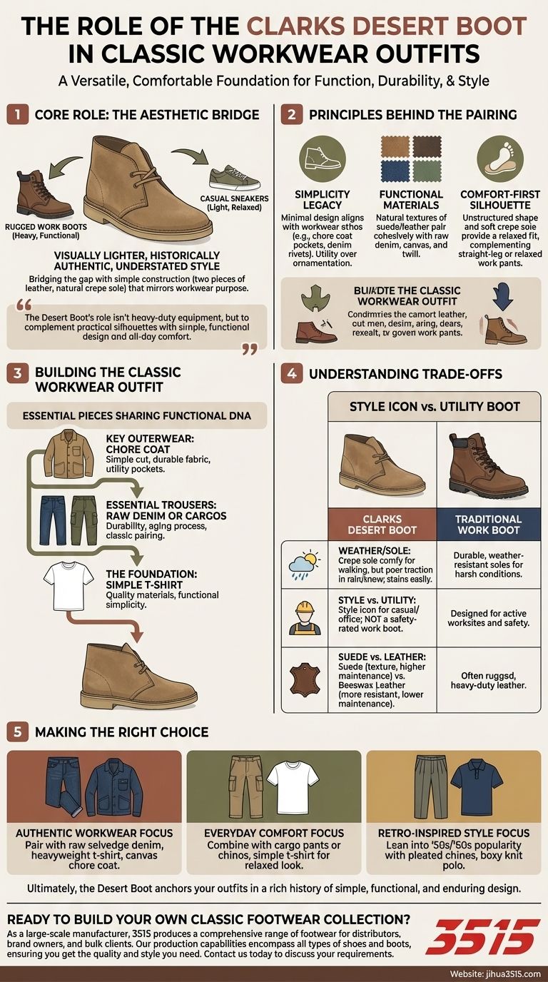 What is the role of the Clarks Desert Boot in a classic workwear outfit? A Versatile Foundation for Timeless Style Visual Guide