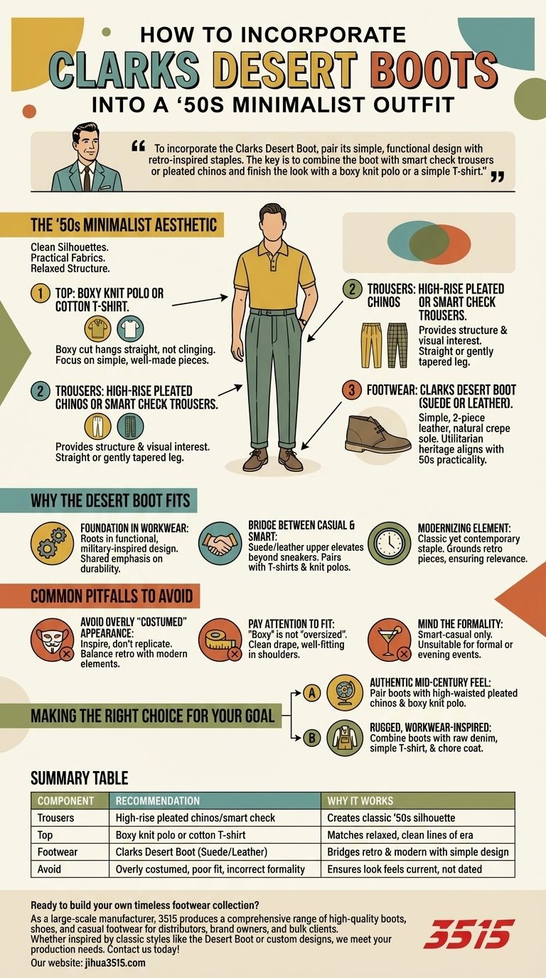 Comment intégrer la Clarks Desert Boot dans une tenue minimaliste des années 50 ? Obtenez un style rétro sans effort Guide Visuel