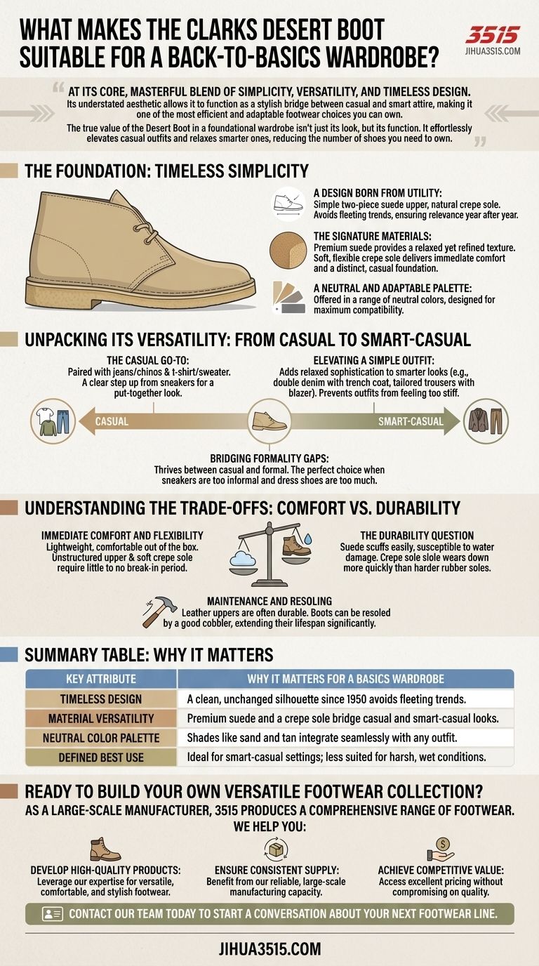 What makes the Clarks Desert Boot suitable for a back-to-basics wardrobe? Unlock Effortless Style & Versatility Visual Guide