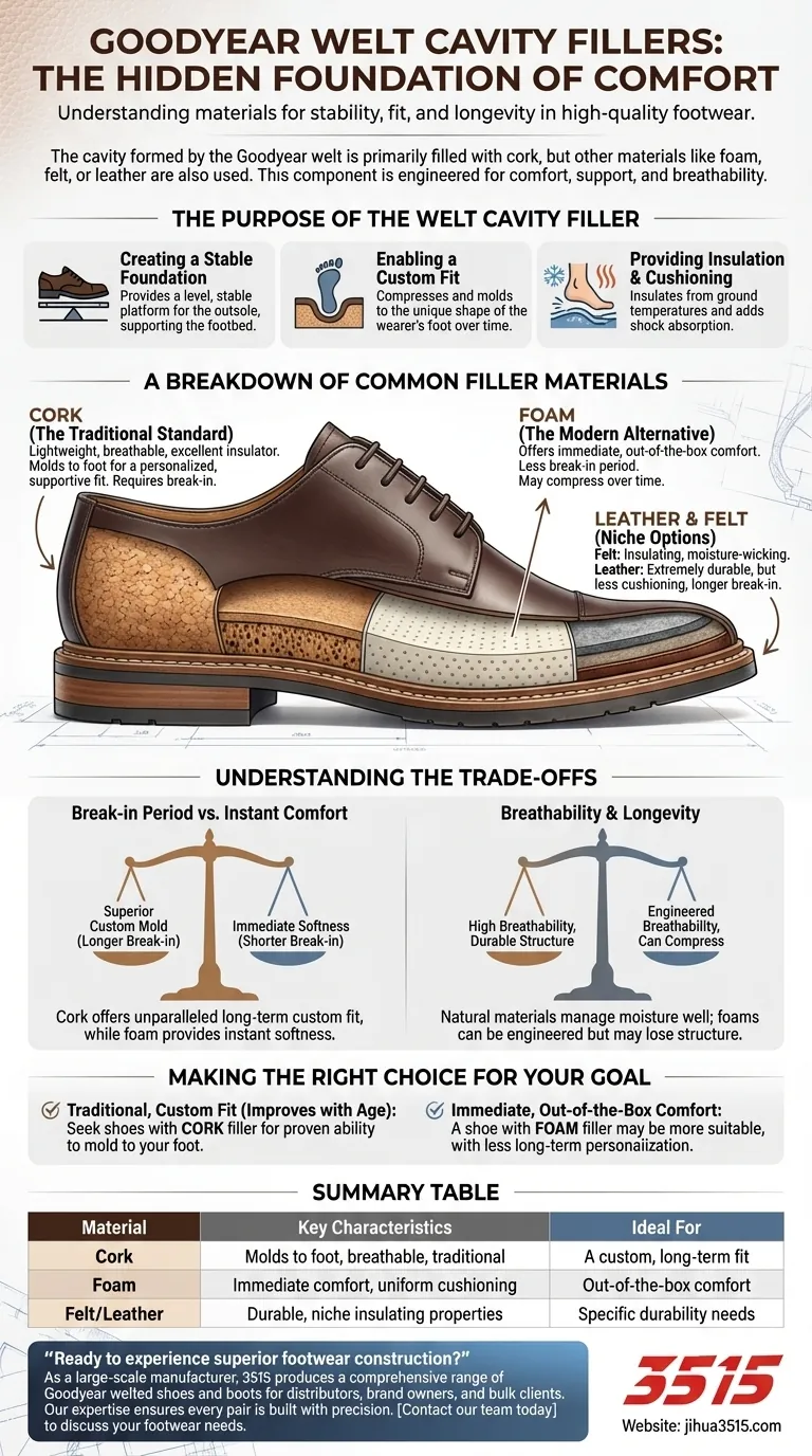 Quels matériaux sont utilisés pour remplir la cavité formée par la trépointe dans les chaussures Goodyear welt? Découvrez la clé du confort et de l'ajustement. Guide Visuel