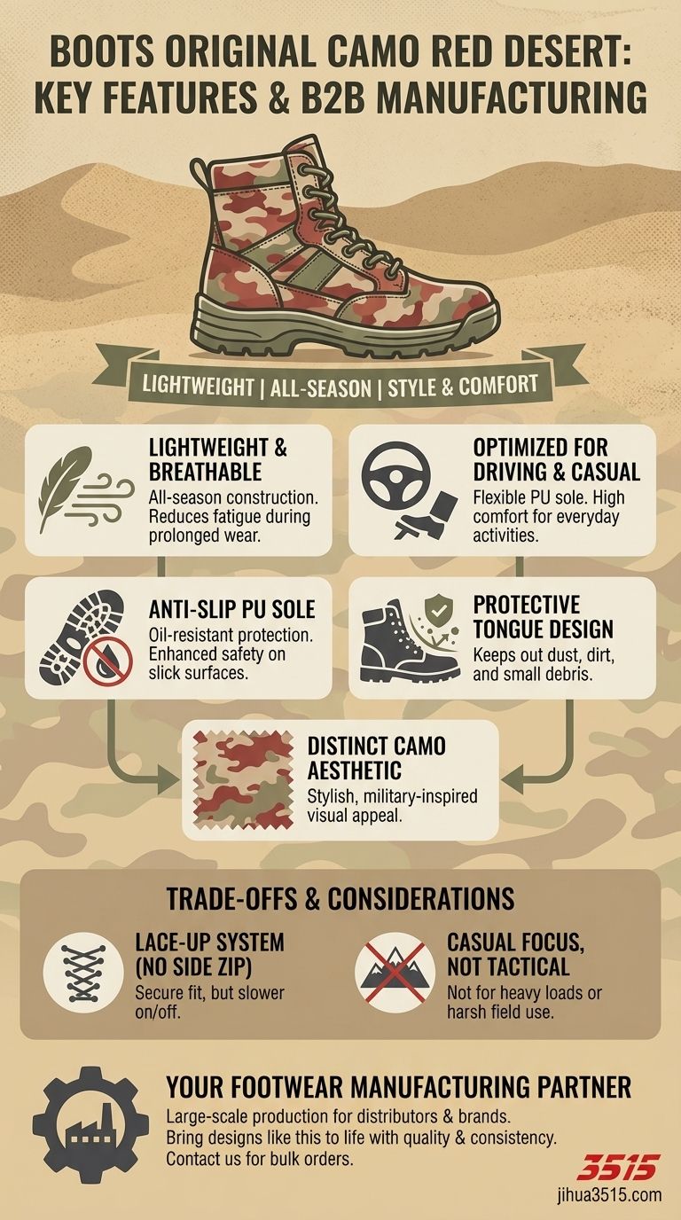 Quali sono le caratteristiche principali degli stivali originali Camo Red Desert? Progettati per comfort e stile tutto il giorno Guida Visiva