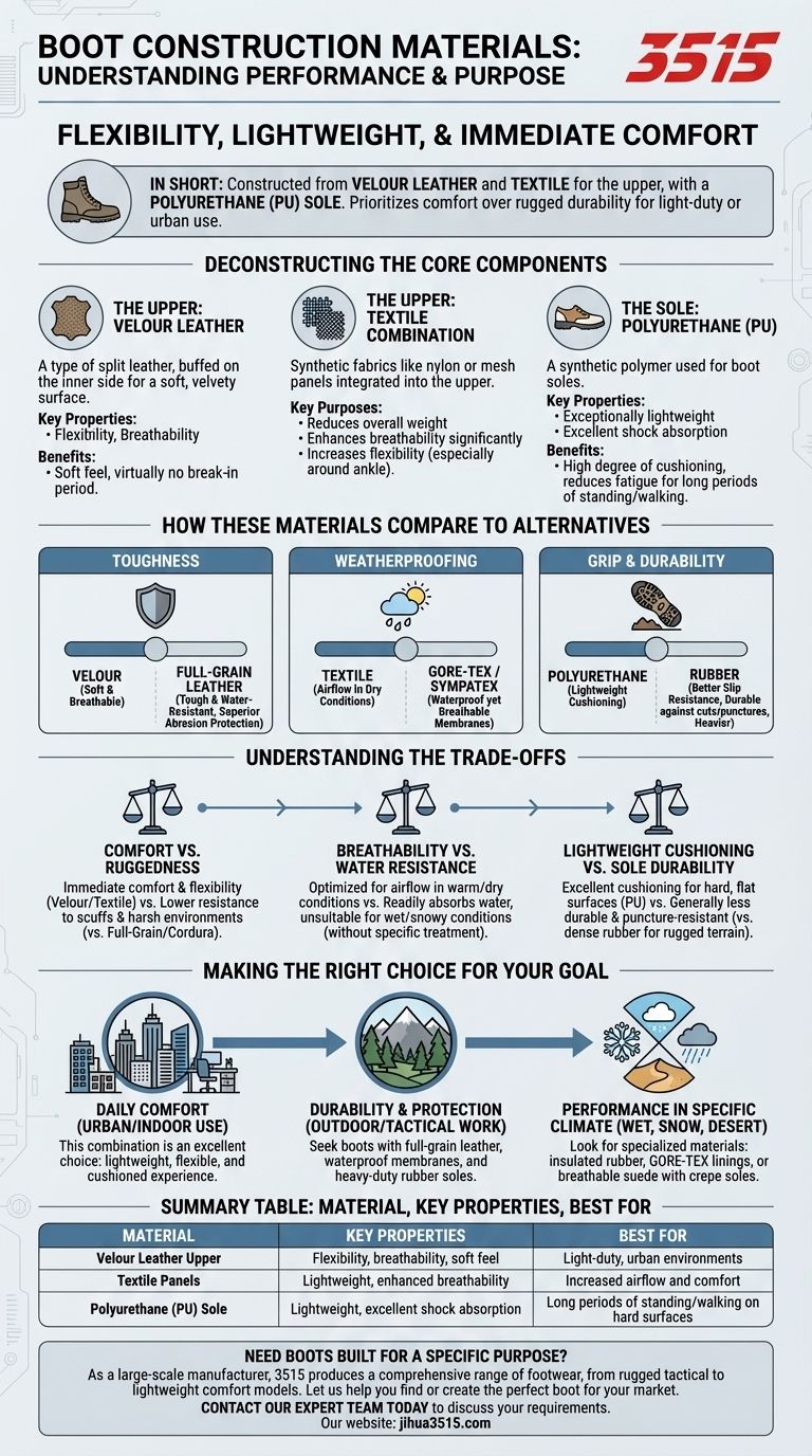 What materials are used in the construction of these boots? A Guide to Velour Leather, Textile & PU Soles Visual Guide