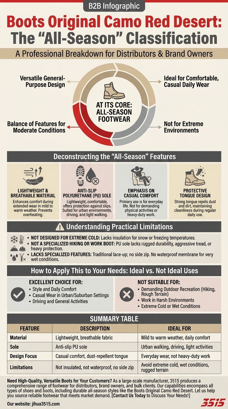 부츠 오리지널 카모 레드 데저트(Boots Original Camo Red Desert)는 어떤 종류의 신발로 분류되나요? 사계절 캐주얼 부츠 데일리 웨어 시각적 가이드