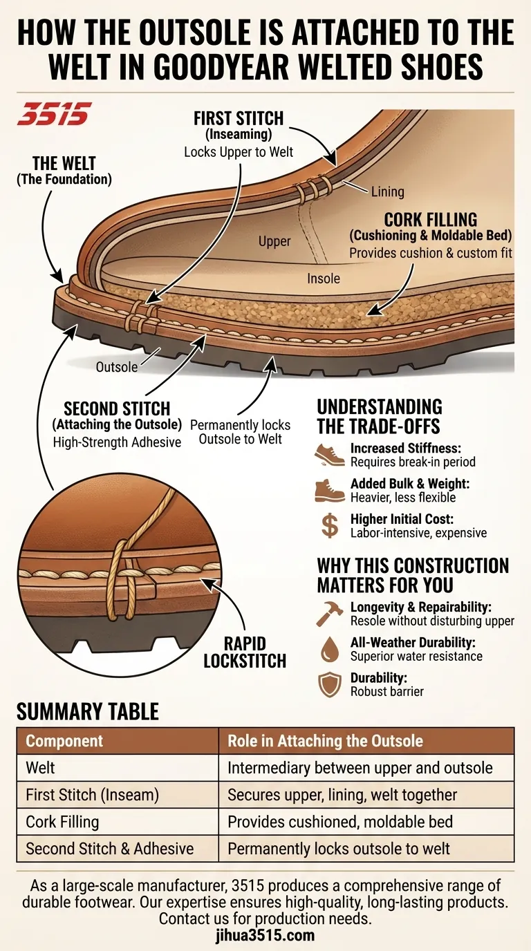 كيف يتم تثبيت النعل الخارجي بالكامل في الأحذية ذات النعل المبطن بتقنية Goodyear؟ دليل البناء المتين دليل مرئي