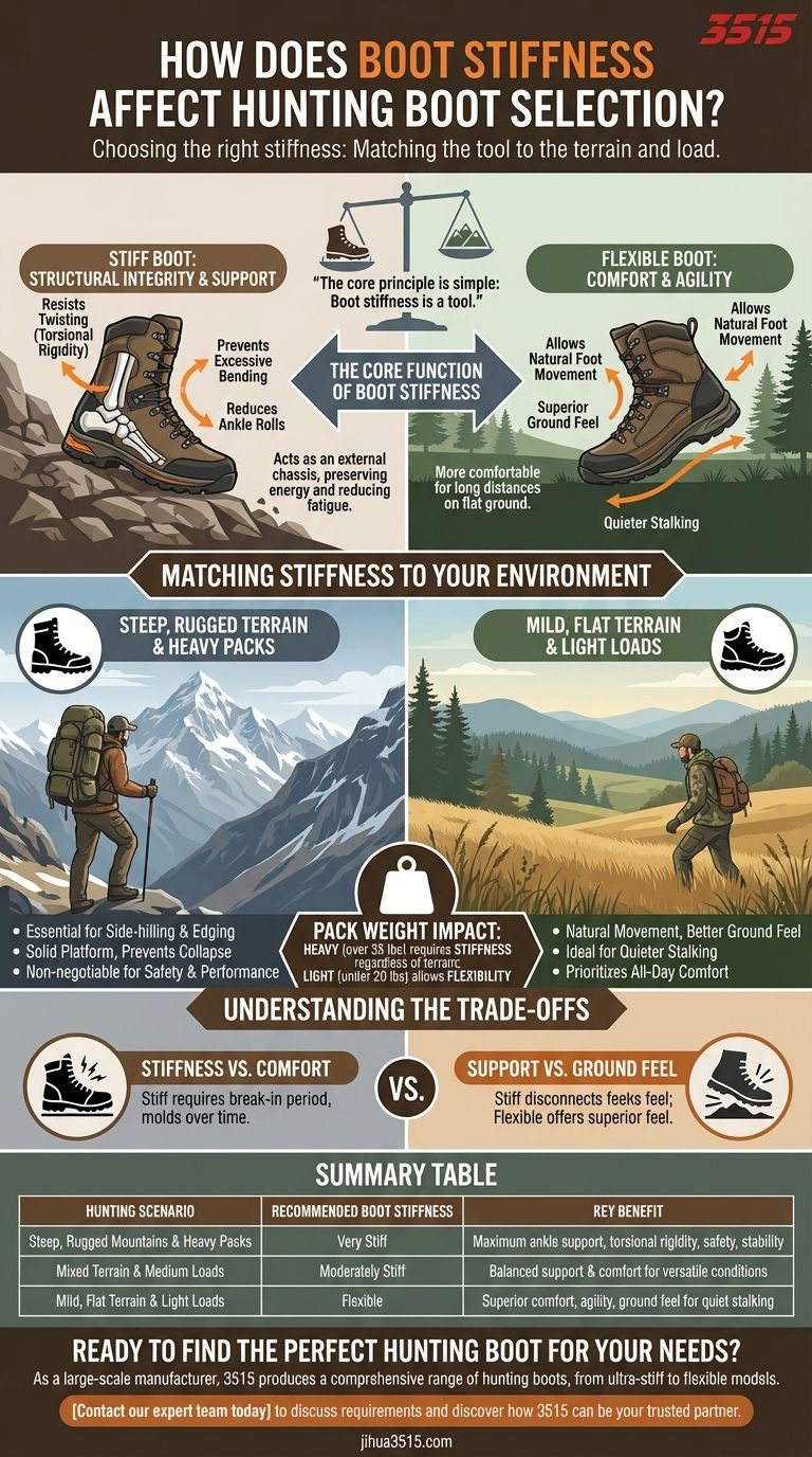 부츠의 강성이 사냥용 부츠 선택에 어떤 영향을 미칩니까? 지형과 짐에 맞춰 부츠를 선택하세요. 시각적 가이드
