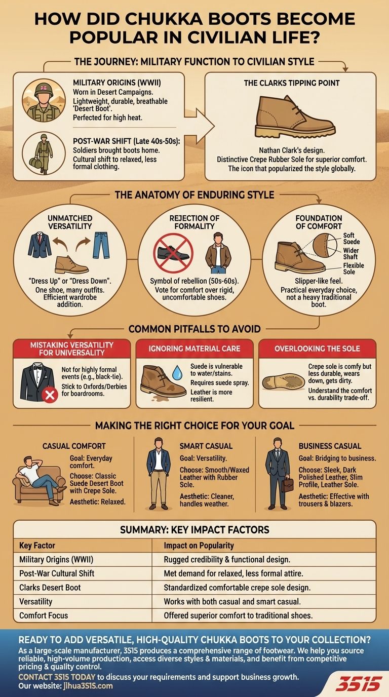 처카 부츠는 어떻게 민간 생활에서 인기를 얻게 되었습니까? 제2차 세계 대전부터 현대 옷장의 필수품까지 시각적 가이드