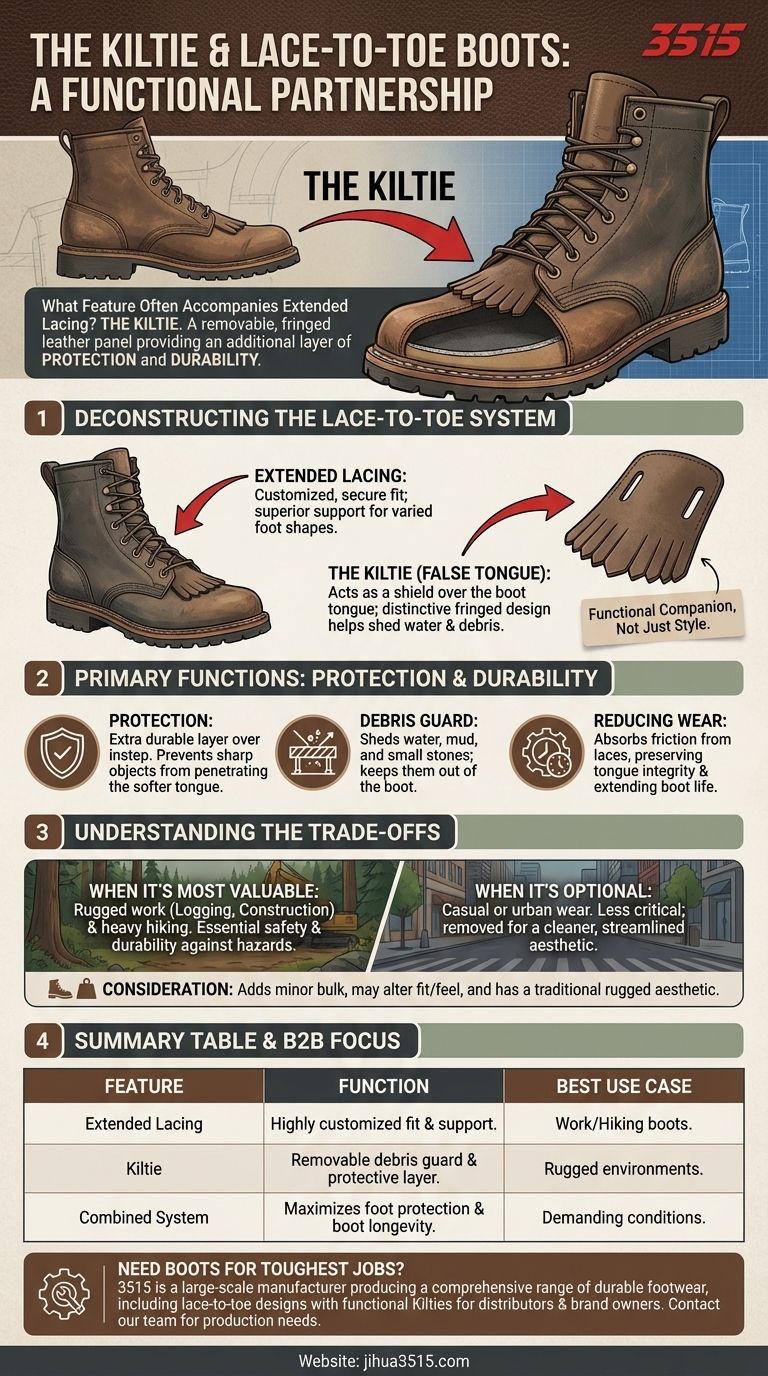 Quelle caractéristique supplémentaire accompagne souvent le laçage étendu des bottes à laçage jusqu'aux orteils ? Le kilt essentiel expliqué Guide Visuel
