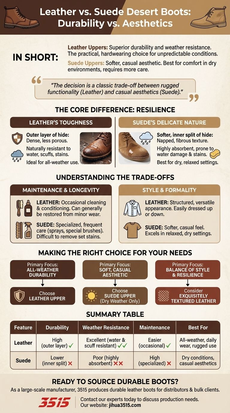 Pourquoi choisir le cuir plutôt que le daim pour des bottes désert ? Pour une durabilité supérieure et une protection par tous les temps. Guide Visuel