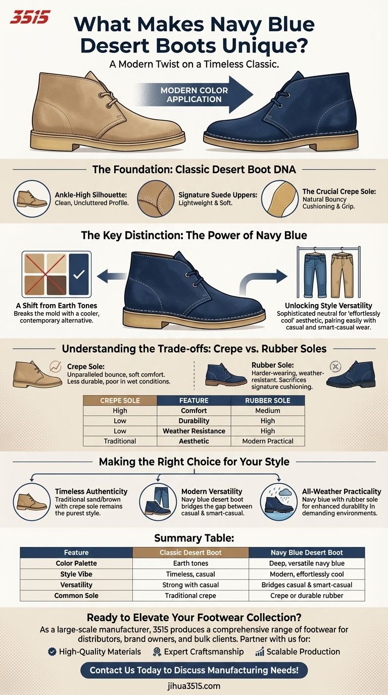 What makes navy blue desert boots unique? A Modern Twist on a Timeless Classic Visual Guide