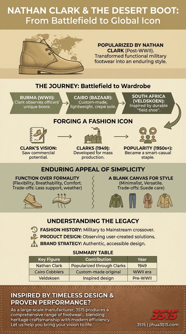 제2차 세계 대전 이후 데저트 부츠 디자인을 대중화한 사람은 누구인가요? 네이선 클락의 글로벌 패션 유산 시각적 가이드