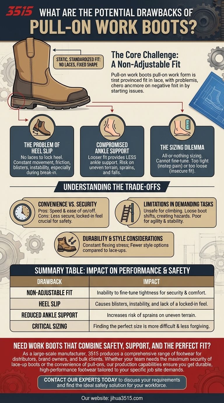 Quels sont les inconvénients potentiels des bottes de travail à enfiler ? Soutien limité de la cheville et problèmes d'ajustement Guide Visuel