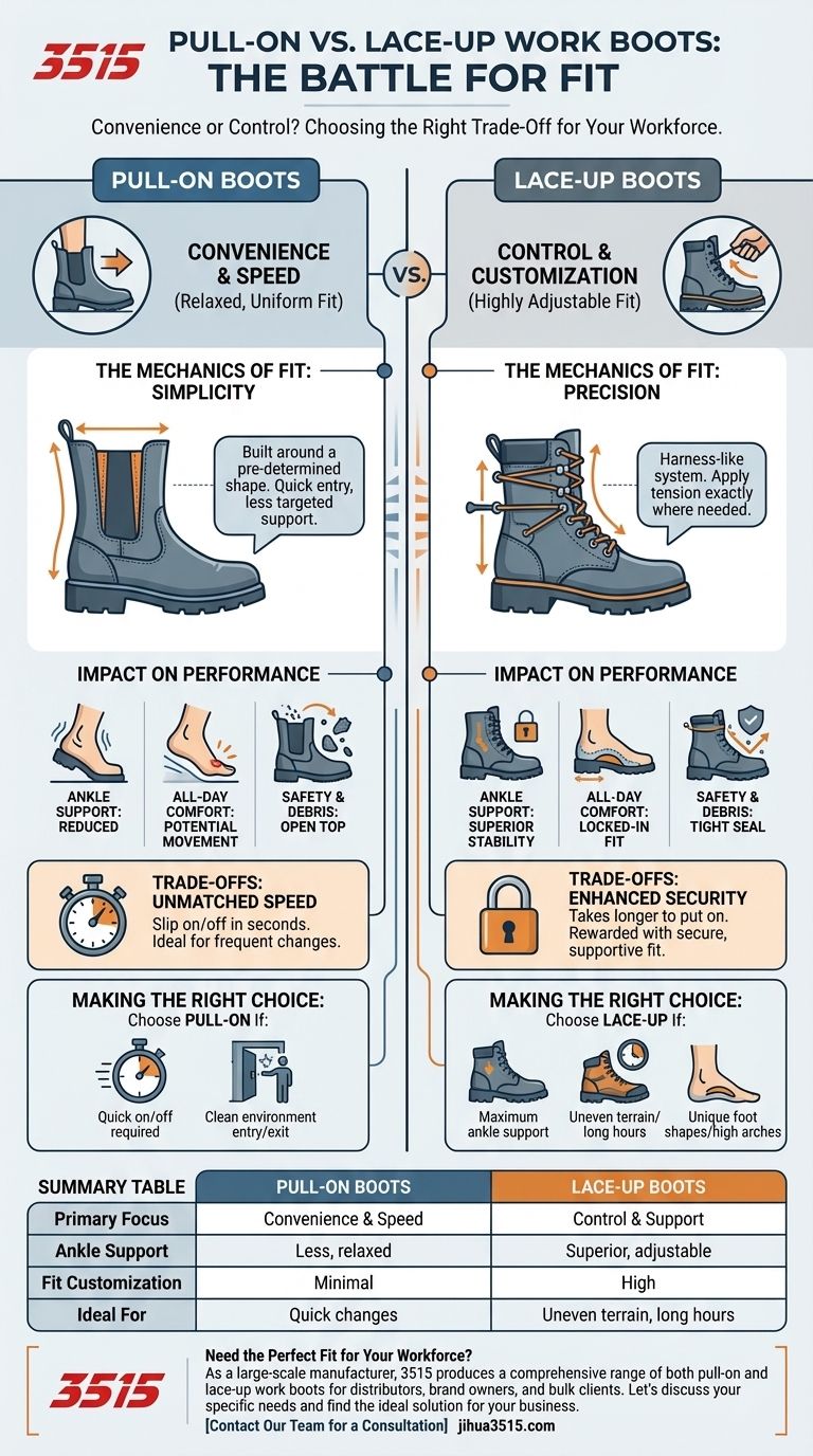 ¿Cómo se compara el ajuste entre las botas de trabajo sin cordones y las de cordones? Conveniencia vs. Control Guía Visual