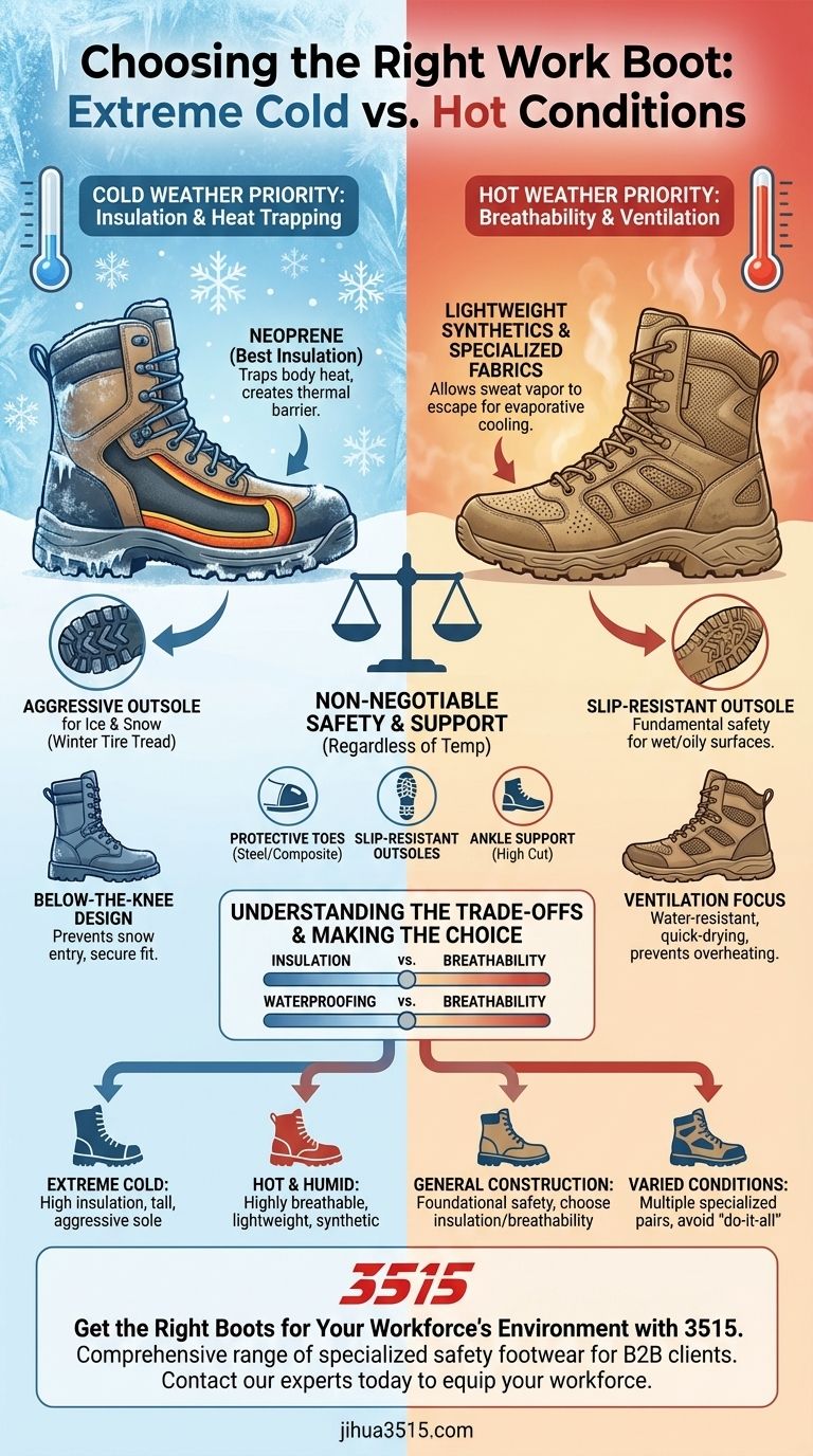 추운 또는 더운 작업 환경에 적합한 작업화는 어떤 특징을 가져야 할까요? 온도별 안전화 가이드 시각적 가이드