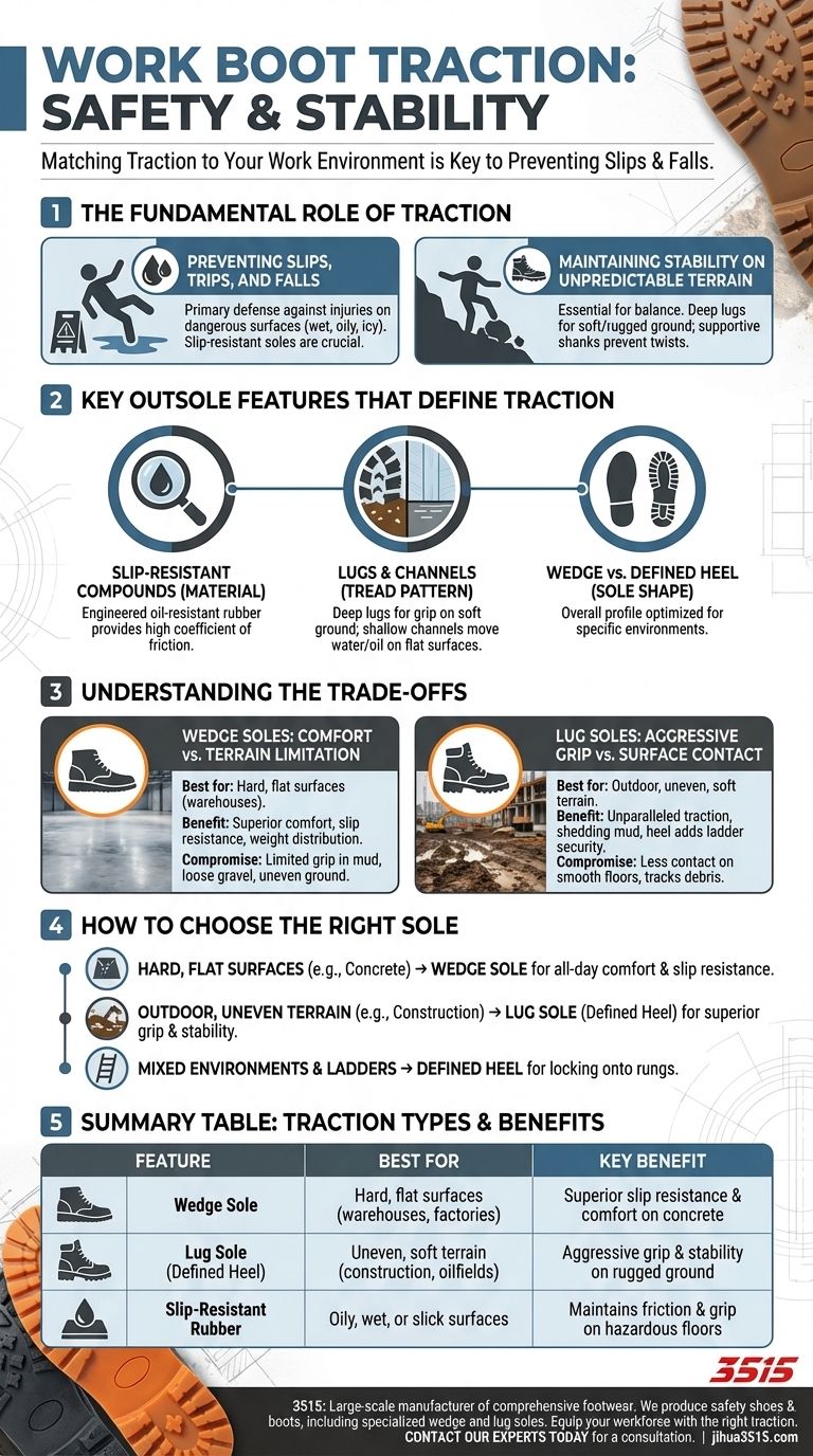 작업화의 접지력이 중요한 이유는 무엇이며, 어떤 밑창 특징이 접지력을 향상시키나요? 귀하의 작업에 맞는 밑창 찾기 시각적 가이드