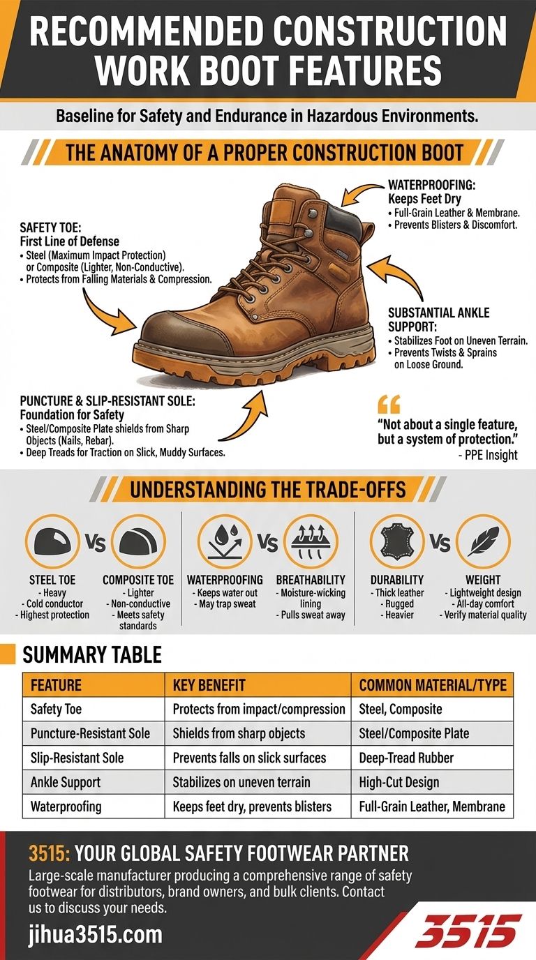 What are the recommended work boot features for the construction industry? Maximize Safety and Comfort Visual Guide
