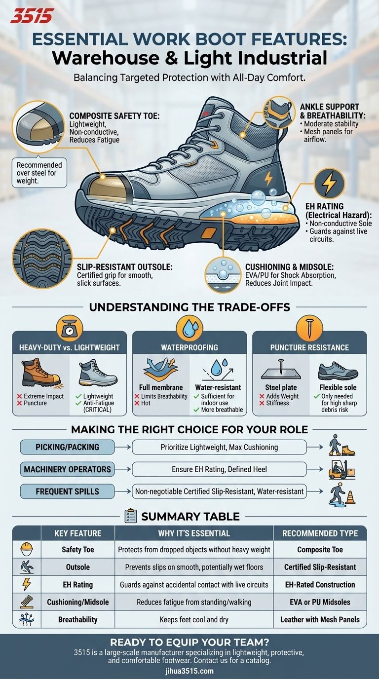 ¿Qué características de las botas de trabajo son esenciales para entornos de almacén e industriales ligeros? Priorice la protección ligera y la comodidad durante todo el día. Guía Visual