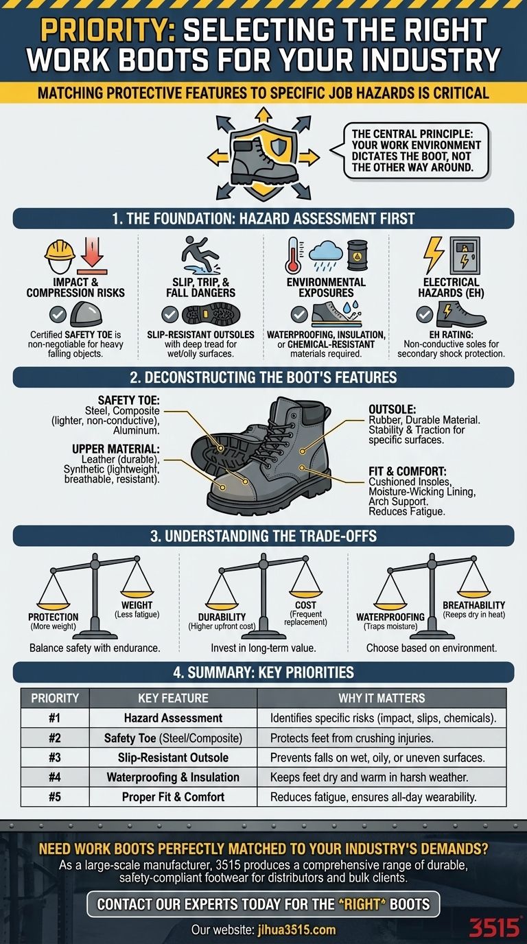 O que os trabalhadores devem priorizar ao selecionar botas de trabalho para a sua indústria? Combine as Botas com os Perigos para a Máxima Segurança Guia Visual