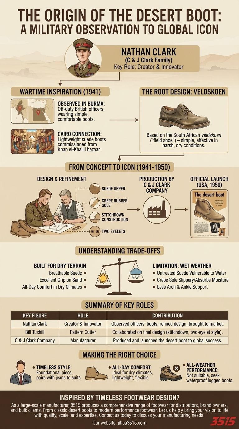 Who played a key role in the creation of the desert boot? Discover the Iconic Design's Origin Story Visual Guide