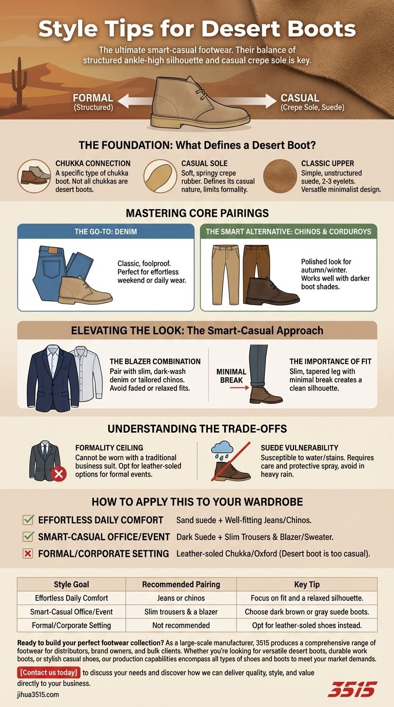 What are some style tips for wearing desert boots? Master Smart-Casual Versatility Visual Guide