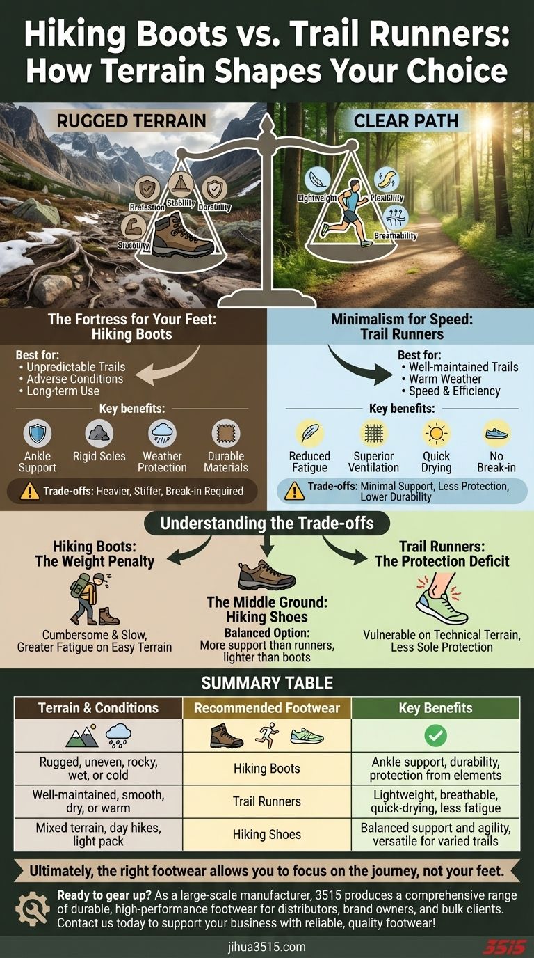 ¿Cómo influye el terreno en la elección entre botas de montaña y zapatillas de trail running? Una guía de calzado para cada sendero Guía Visual