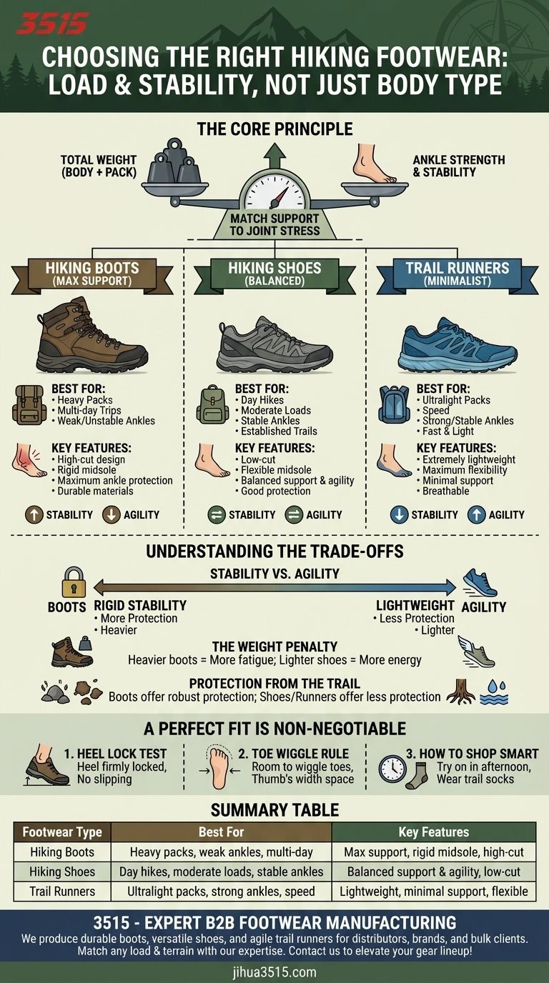 体型はハイキング用フットウェアの選択にどのように影響しますか？負荷と足首の強さに合わせてサポートを選びましょう ビジュアルガイド