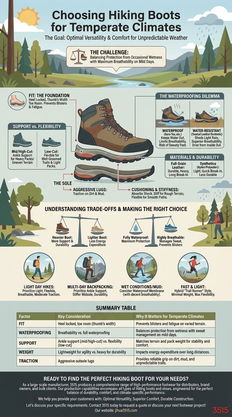 ¿Cuáles son los factores clave a considerar al elegir botas de montaña para climas templados? Guía Visual