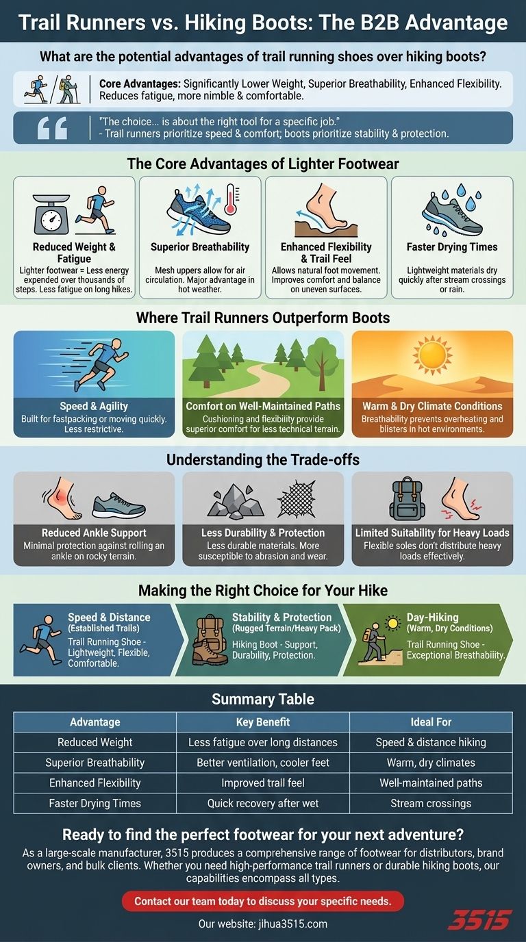 Каковы потенциальные преимущества кроссовок для трейлраннинга по сравнению с походными ботинками? Легче, быстрее, лучше дышат Визуальное руководство