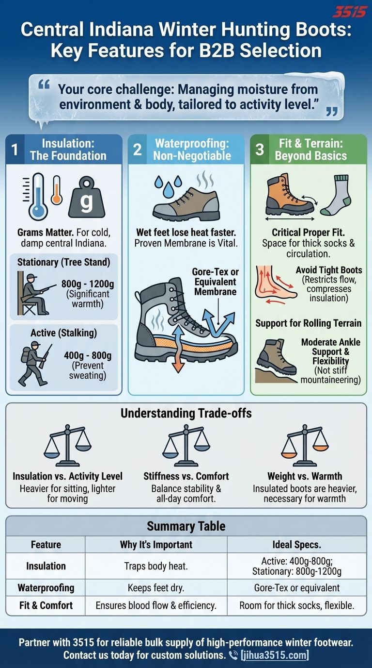 What are the key features to look for in hunting boots for central Indiana winters? Stay Warm and Dry in the Field Visual Guide