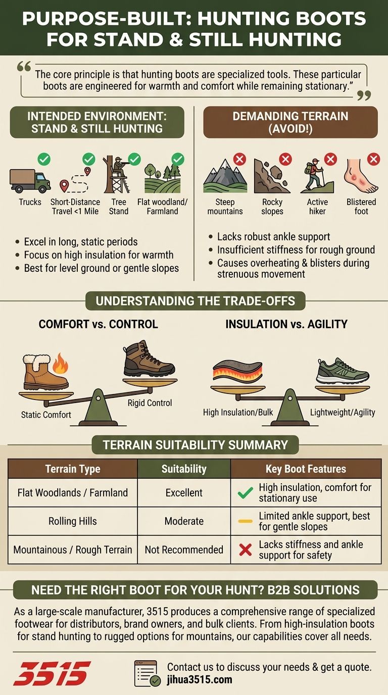 Pour quels types de terrain ces bottes de chasse sont-elles utilisées ? Idéales pour la chasse à l'affût sur terrain plat Guide Visuel