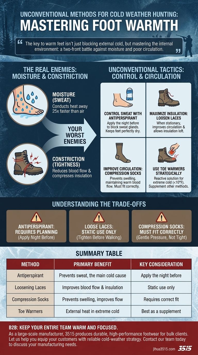 What unconventional methods help keep feet warm during cold weather hunting? Master Moisture and Circulation Visual Guide