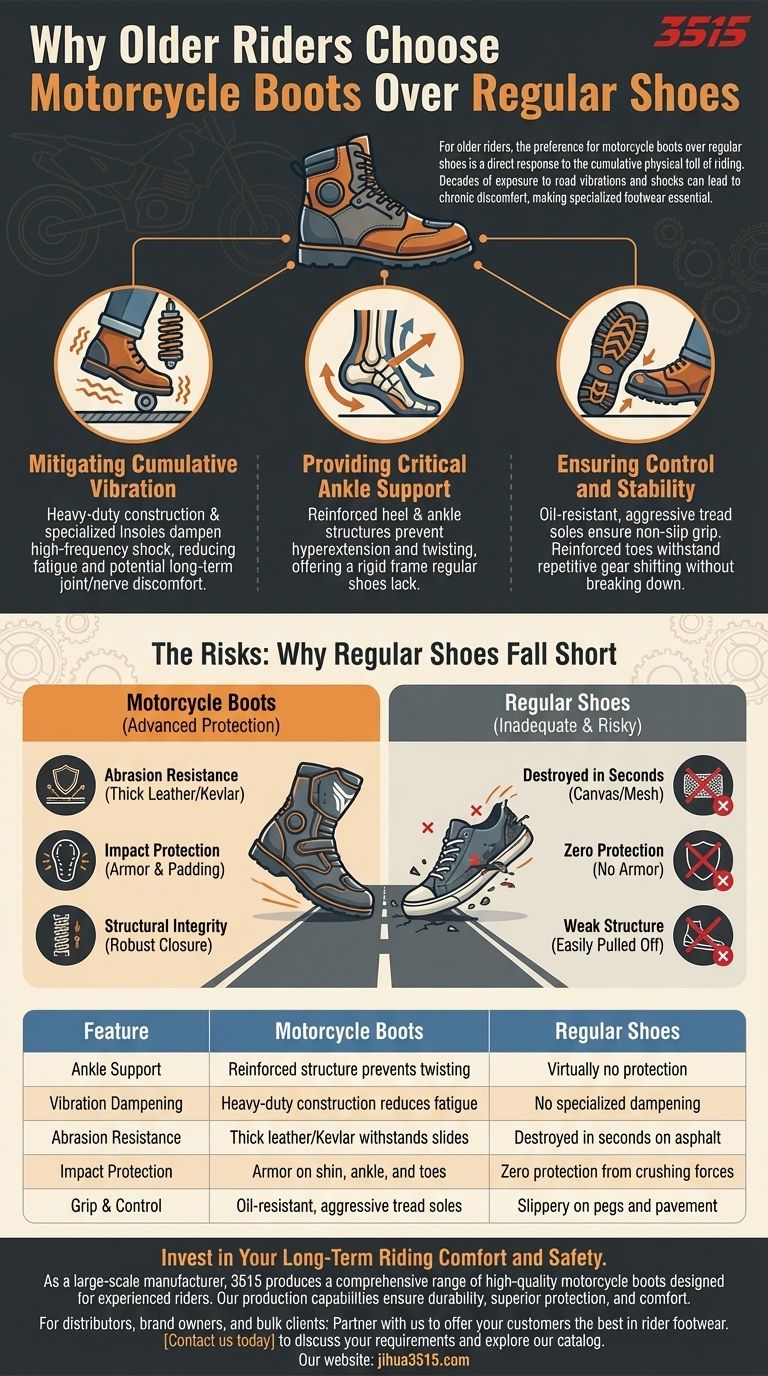 Why might older riders prefer motorcycle boots over regular shoes? For Long-Term Comfort and Safety Visual Guide