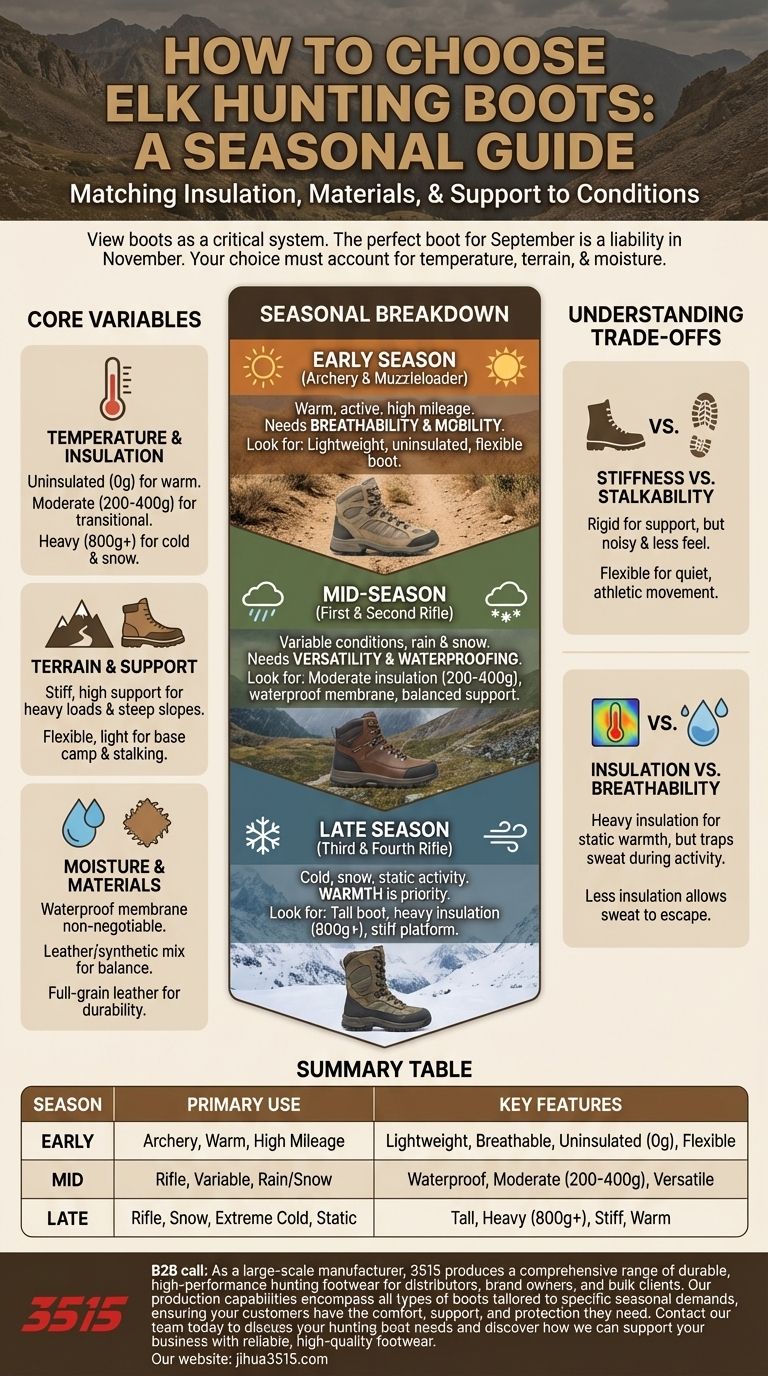 Come dovrebbero scegliere gli scarponi i cacciatori di alci in base alle condizioni stagionali? Abbina i tuoi scarponi alla stagione per il successo Guida Visiva