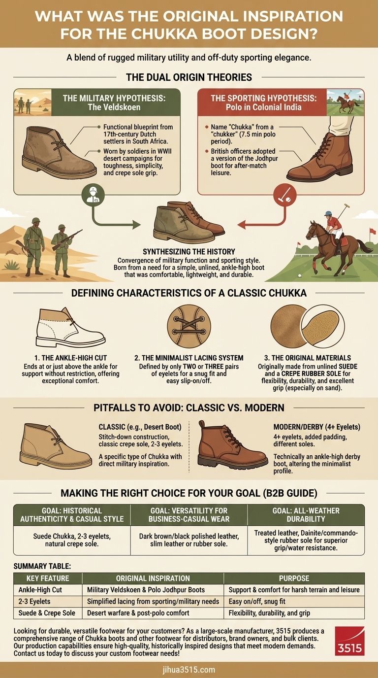 Quelle a été l'inspiration originale du design de la botte Chukka ? Un mélange d'utilité militaire et d'élégance de polo Guide Visuel
