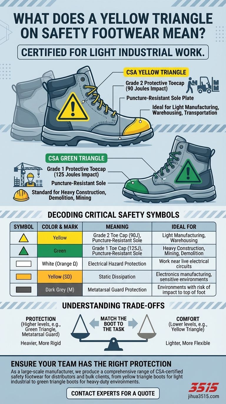 Que signifie un triangle jaune sur des chaussures de sécurité ? Un guide sur la protection CSA de grade 2 Guide Visuel