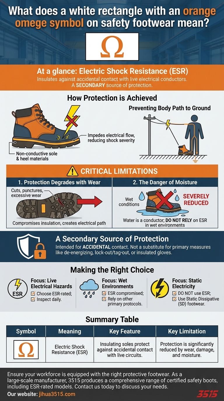 안전화에 있는 주황색 오메가 기호가 있는 흰색 사각형은 무엇을 의미하나요? 감전 저항에 대한 안내 시각적 가이드